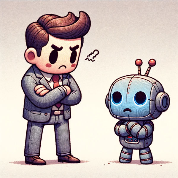 Cartoon business man angry at little robot